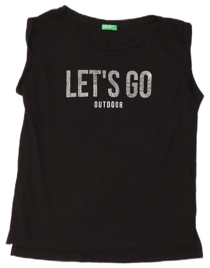 Benetton Kvinder Grafisk Vest Top UK 14 Stor Sort Bomuld