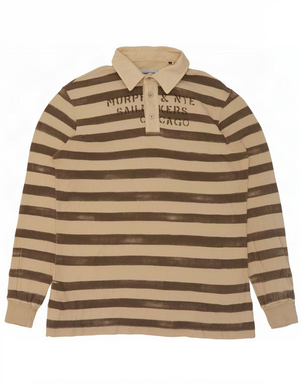 Murphy & Nye Herre grafisk langærmet poloskjorte 2XL beige stribet bomuld