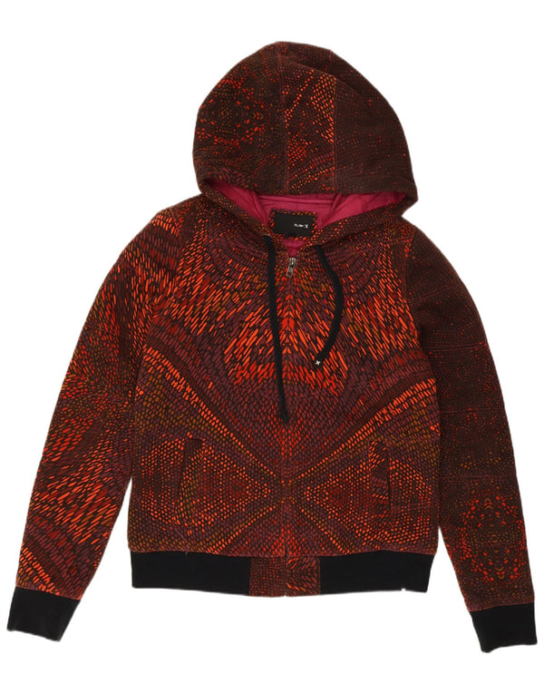 Hurley Womens Hooded Bomber Jacket UK 14 Medium Burgundy Animal Print