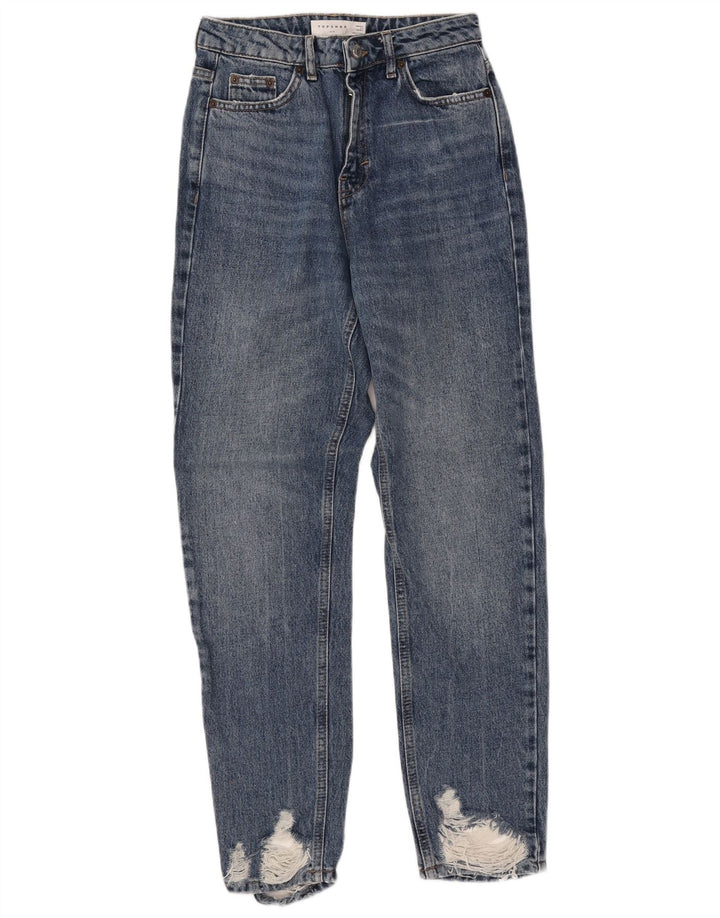 Topshop Dame Mor Distressed Straight Jeans W26 L28 Blå Bomuld