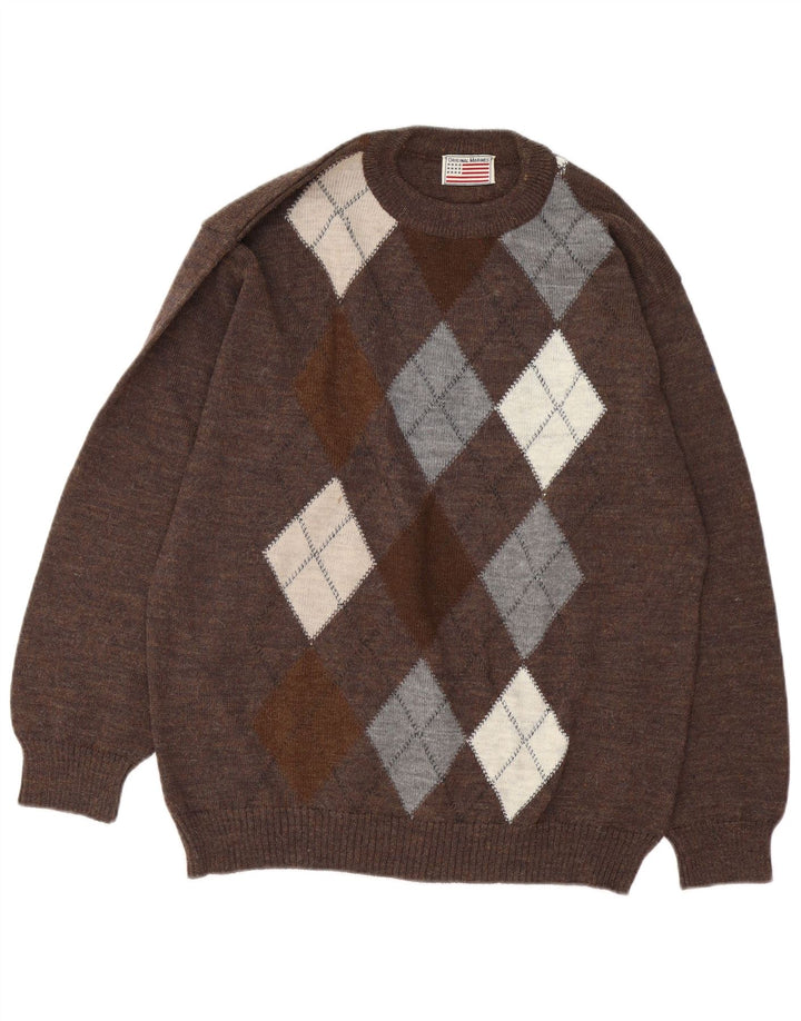 Vintage Herre Crew Neck Jumper Sweater Large Brown Argyle/Diamond