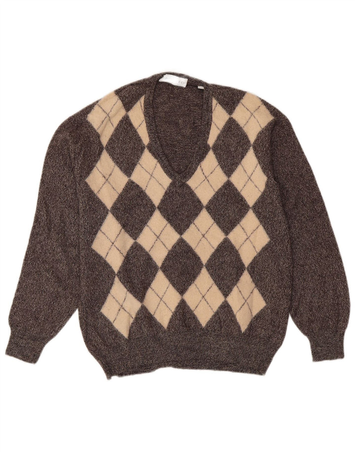 PAQUITO Dame V-hals sweater UK 14 Medium Grey Argyle/Diamond