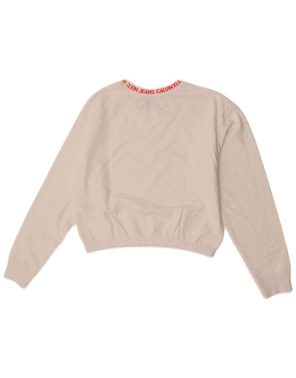 Calvin Klein Jeans Dame Graphic Crop Sweatshirt Jumper UK 10 Small White