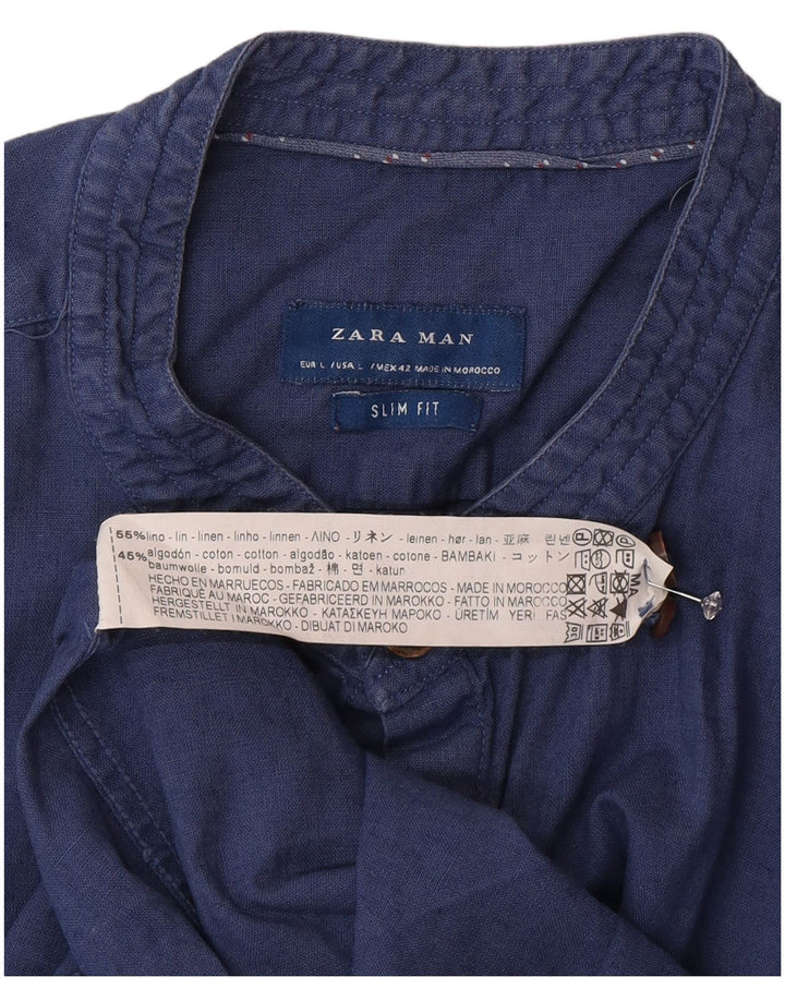 Zara Herre Slim Fit Skjorte Large Blue Linen