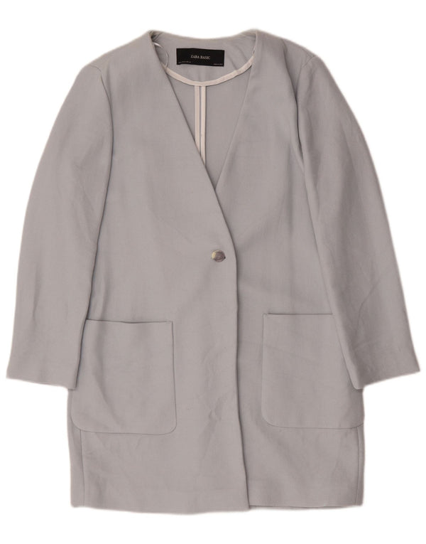 Zara Dame Longline 1 Knap Blazer Jacket UK 14 Medium Blue Bomuld