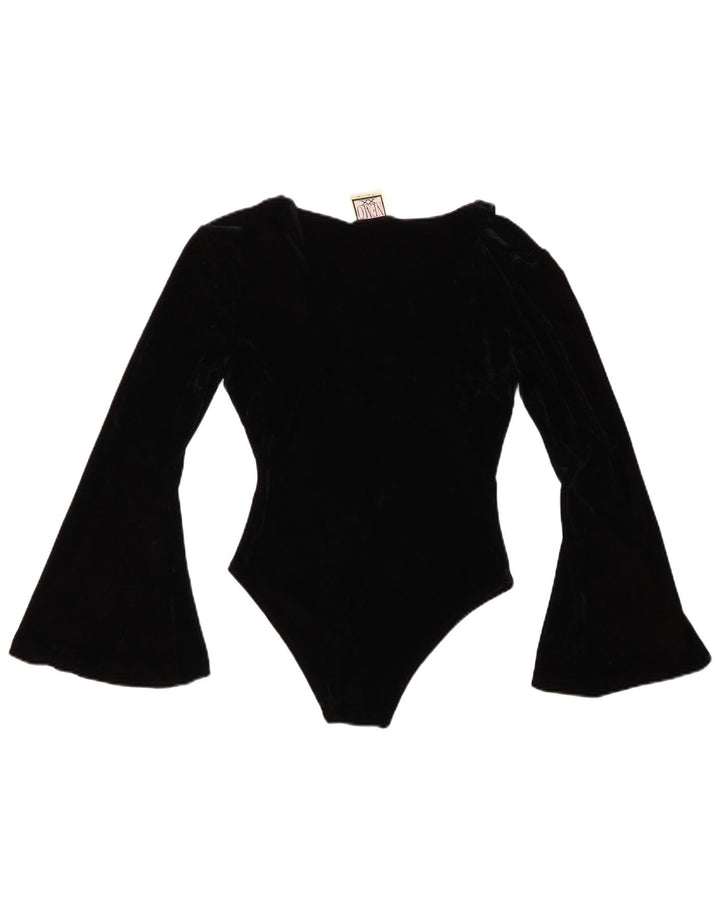VINTAGE Womens Velvet Bodysuit UK 8 Small Black Acryl