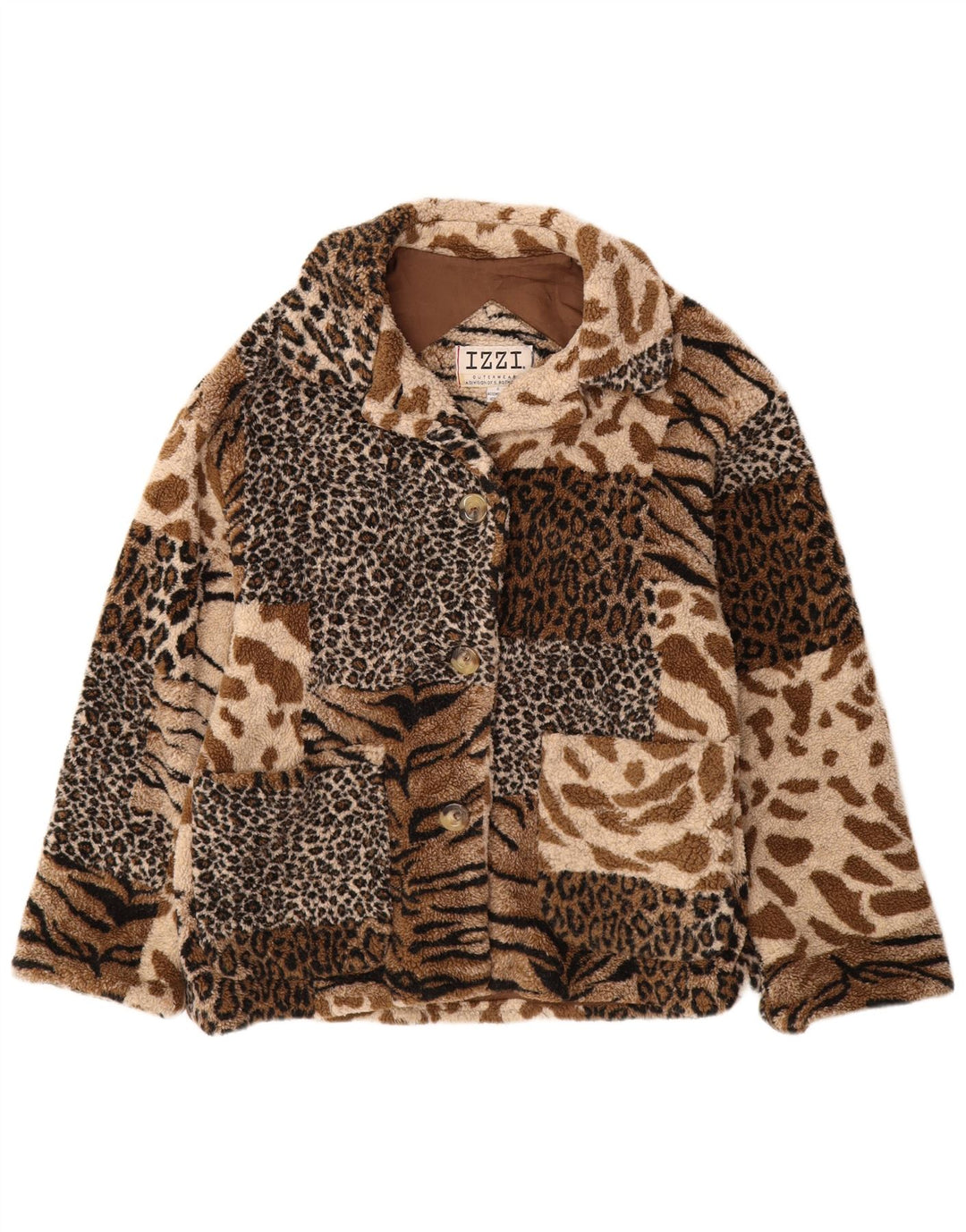 IZZI Dame Oversized Fleecejakke UK 10 Small Brown Animal Print Acryl