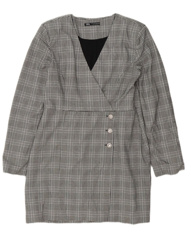 Zara Dame Langærmet Skede Kjole UK 18 XL Grå Plaid Polyester