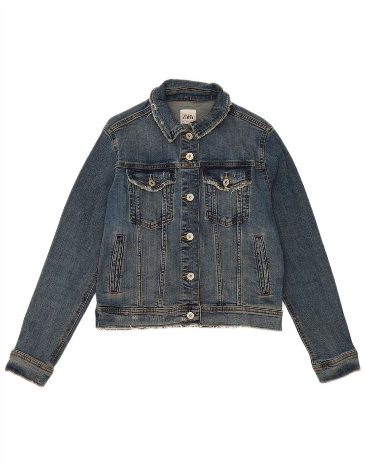 Zara Dame Crop Denim Jacket UK 16 Large Blue Cotton