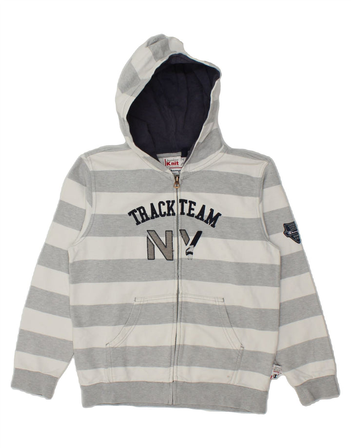 CHAMPION Boys Graphic Zip Hoodie Sweater 9-10 Years Medium Grey Striped Vintage Champion and Second-Hand Champion from Messina Hembry 
