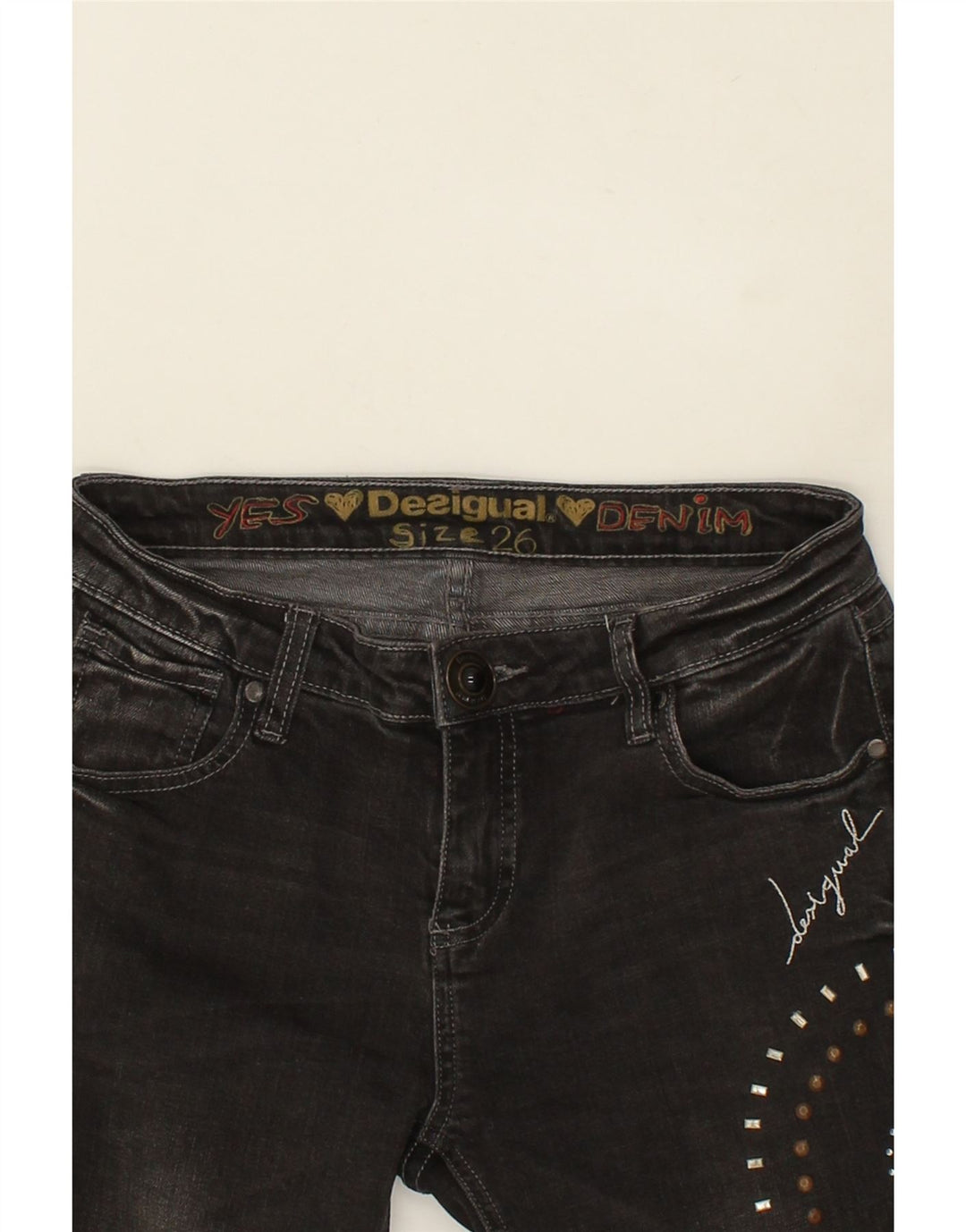 DESIGUAL Womens Graphic Slim Jeans W26 L28  Black Polyester Vintage Desigual and Second-Hand Desigual from Messina Hembry 