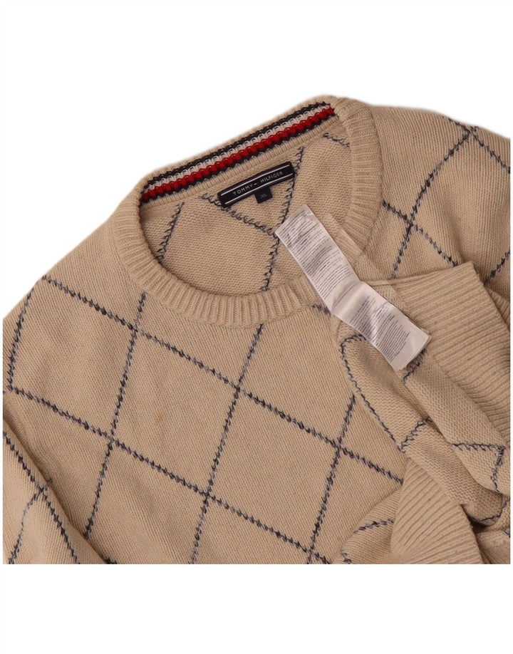 TOMMY HILFIGER Mens Crew Neck Jumper Sweater XL Beige Argyle/Diamond