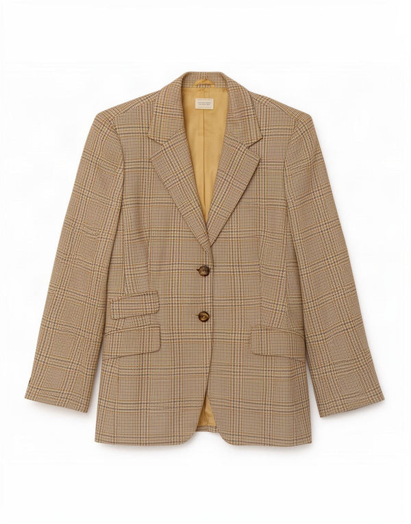 Benetton Dame 2-knaps blazerjakke IT 46 Large Beige Houndstooth Uld