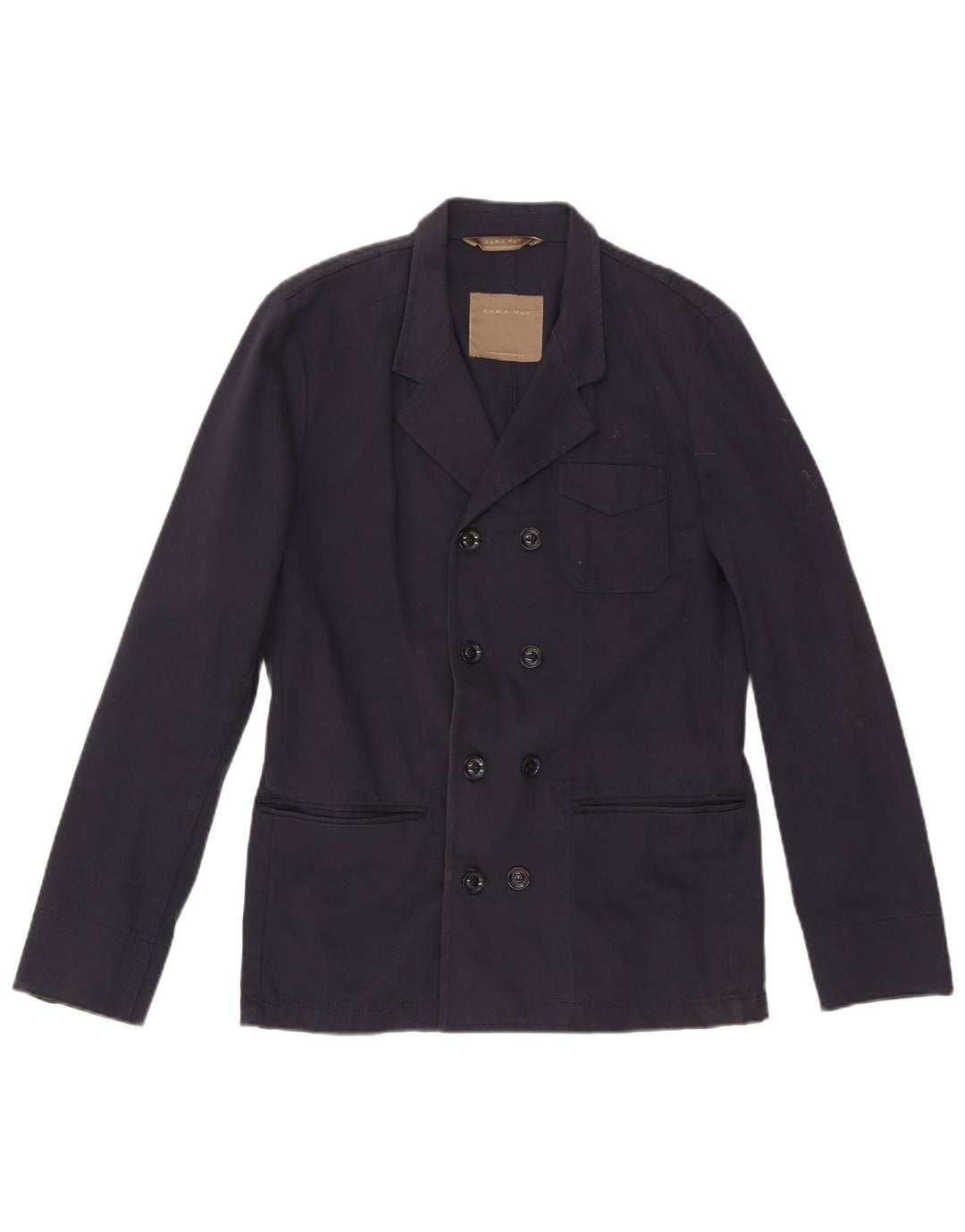 Zara Herre Double Breasted Blazer Jacket UK 38 Medium Navy Blue Bomuld