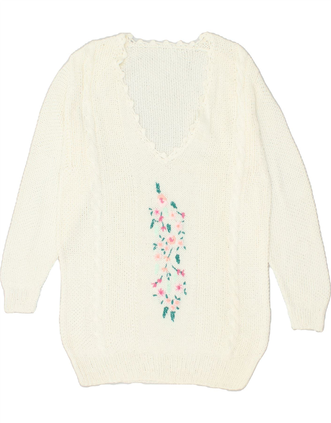 VINTAGE Womens V-Neck Jumper Sweater UK 12 Medium White Floral | Vintage Vintage | Thrift | Second-Hand Vintage | Used Clothing | Messina Hembry 