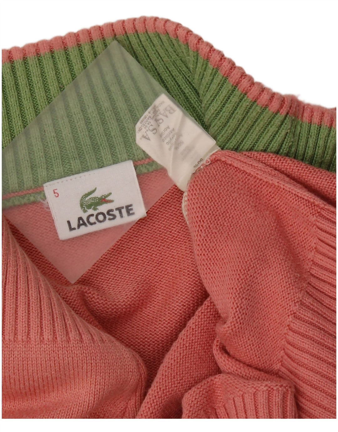 Lacoste Womens Zip Neck Jumper Sweater Størrelse 5 Large Pink Stribet Bomuld