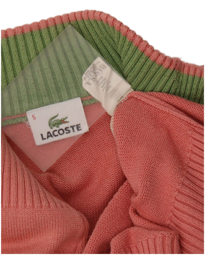 Lacoste Womens Zip Neck Jumper Sweater Størrelse 5 Large Pink Stribet Bomuld