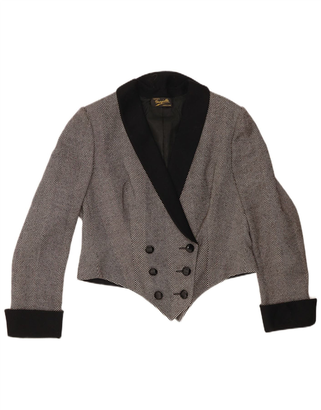 Vintage Dame Crop Blazer Jacket UK 14 Medium Grey Herringbone