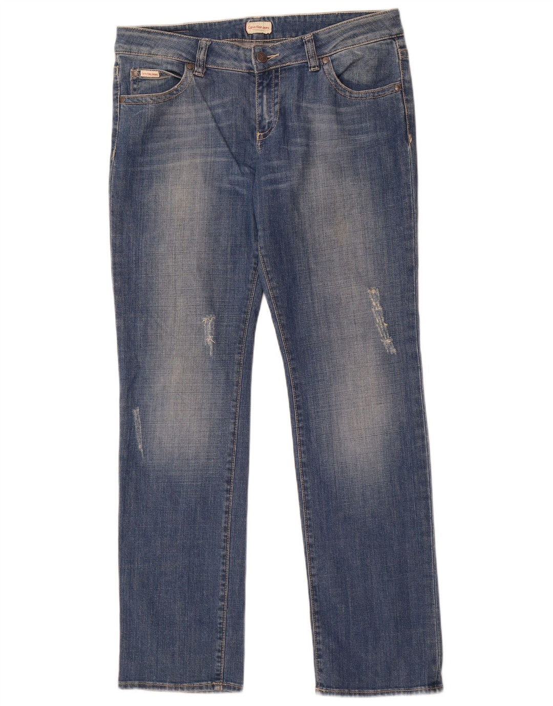 Calvin Klein Dame Distressed Straight Jeans W33 L32 Blå Bomuld