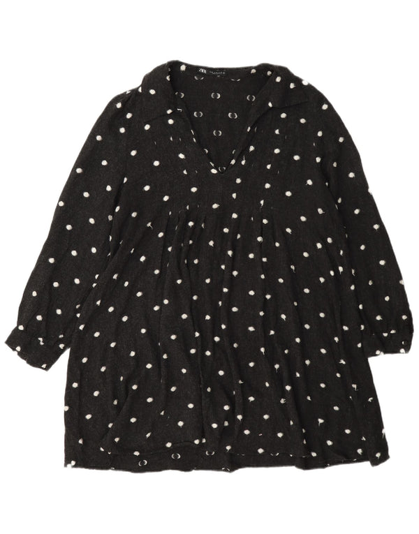 Zara Dame Langærmet Tiered Dress UK 14 Medium Grey Spotted Viscose