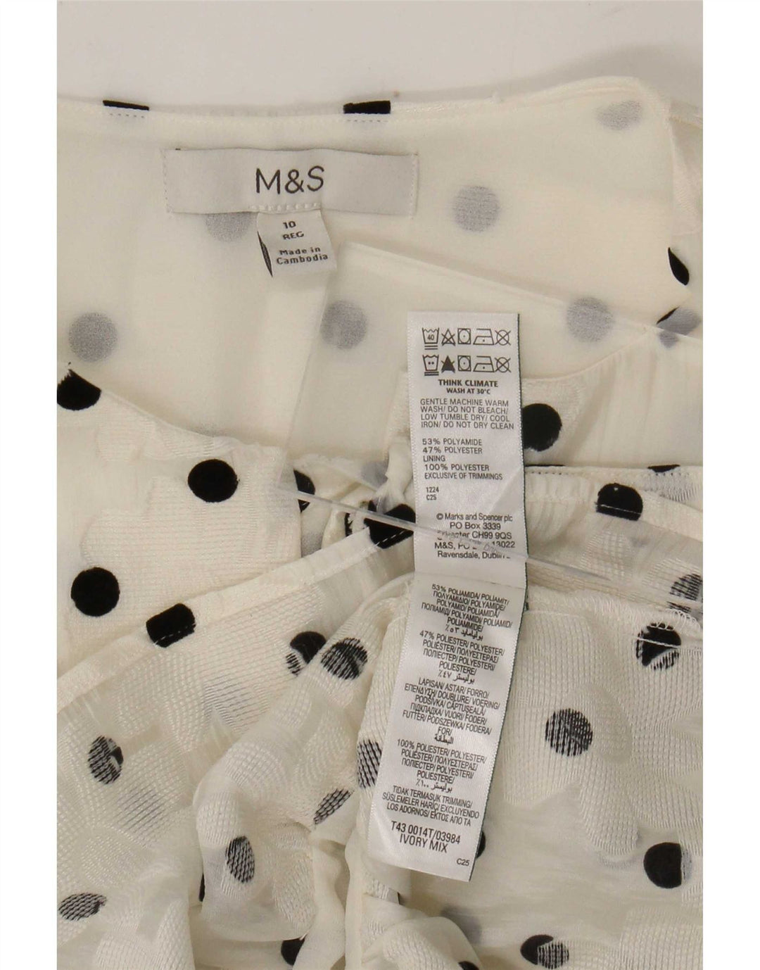 Marks & Spencer skjortebluse til kvinder UK 10 Small White Polka Dot Polyamid