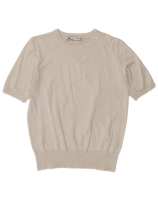 Zara Dame Kortærmet Boat Neck Jumper Sweater UK 10 Small White Viscose