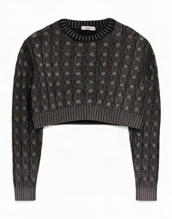 Zara Womens Crop Boat Neck Jumper Sweater UK 14 Medium Black Flecked
