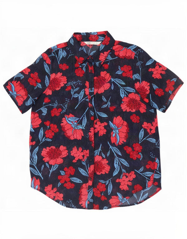Zara Dame Kortærmet Bluse UK 16 Large Navy Blue Floral