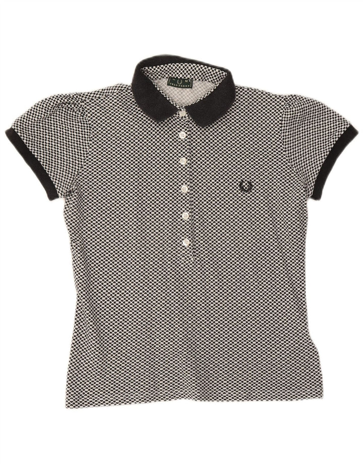 FRED PERRY Dame Polo Shirt UK 12 Medium Navy Blue Floral Bomuld