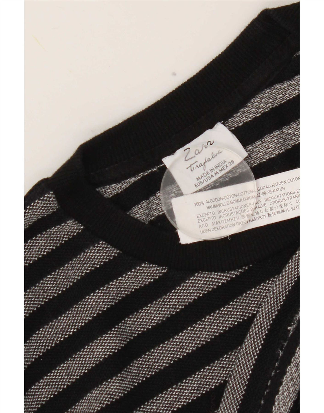 Zara Dame Grafisk Top Langærmet UK 14 Medium Sort Stribet Bomuld