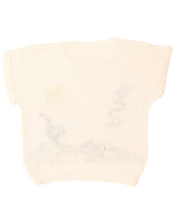 Vintage kvinders grafisk rund hals sweater UK 14 stor hvid