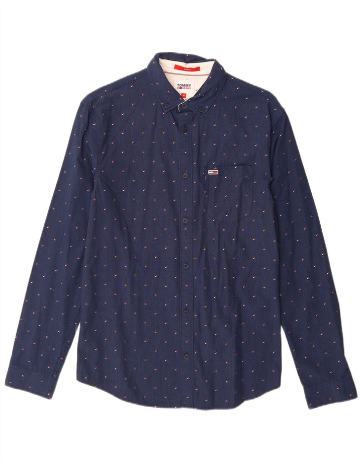TOMMY HILFIGER Mens Slim Fit Shirt Medium Navy Blue Check Cotton