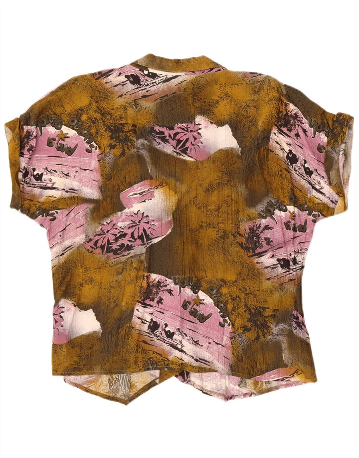 Vintage kvinders grafisk skjortebluse UK 16 Large Khaki Patchwork