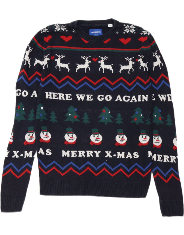 Jack & Jones Mens Crew Neck Jumper Sweater Small Navy Blue Christmas
