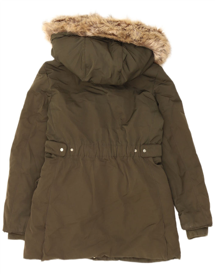 ZARA Sherpa Parkajakke med hætte til kvinder UK 14 Medium Khaki Polyester