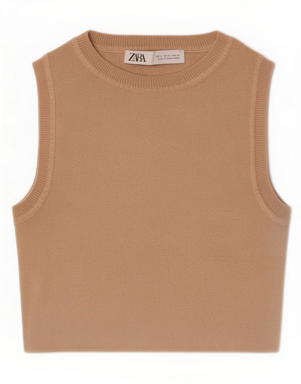 Zara Womens Crop Vest Top UK 8 Small Beige Viscose