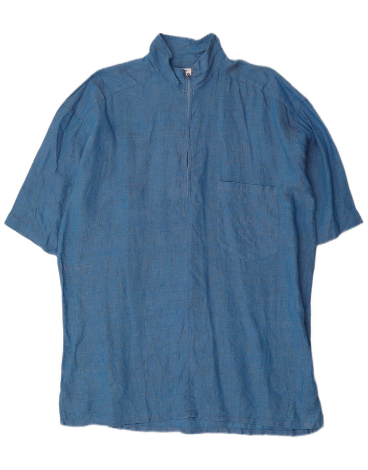 Valentino Herre Kortærmet Pullover Skjorte Størrelse 43 17 XL Blå Linned