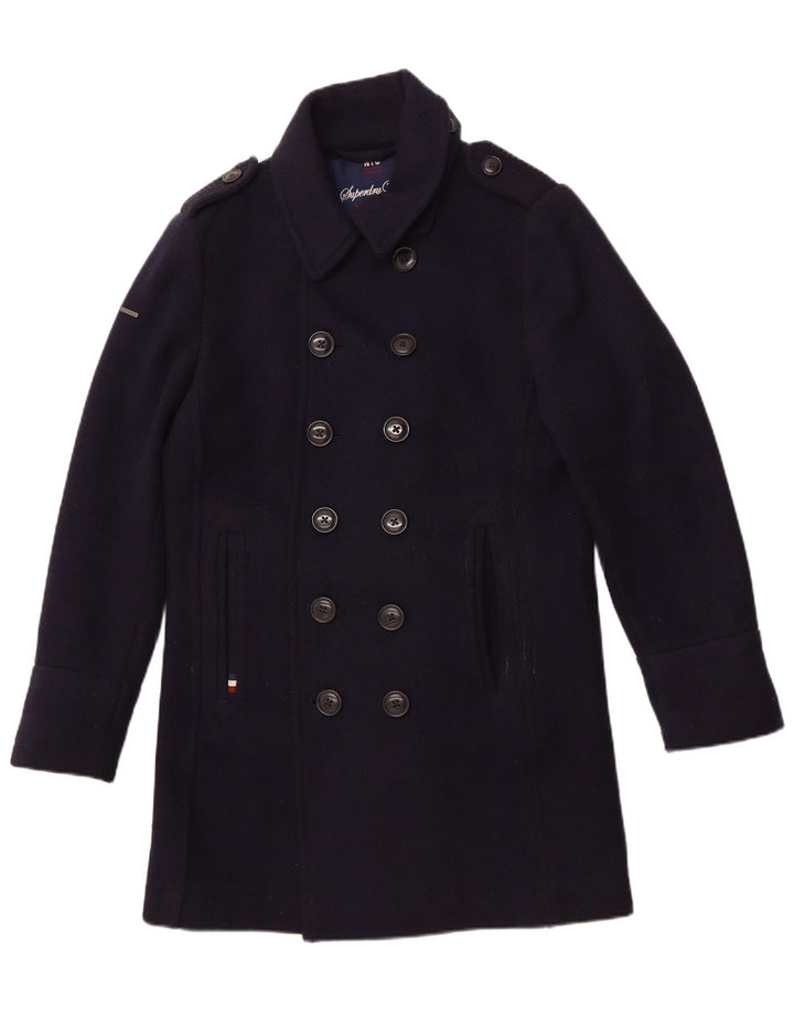 SUPERDRY Womens Pea Coat UK 16 Large Navy Blue Wool