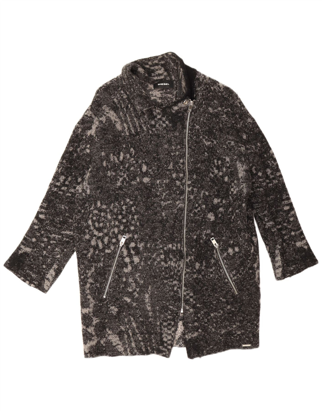 Diesel Dame Oversized Overfrakke UK 16 Large Black Animal Print Uld