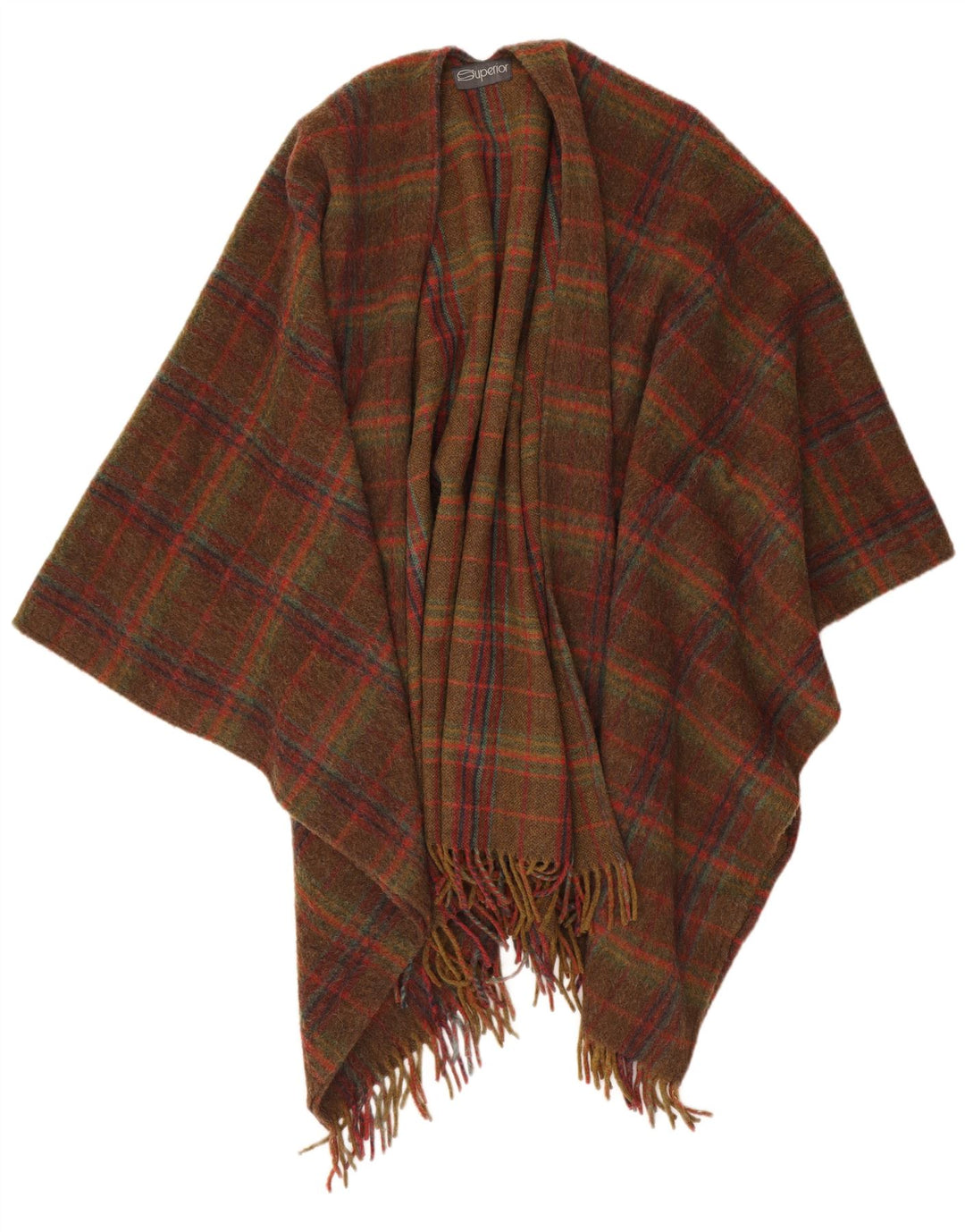 Superior Womens Open Poncho Jumper UK 16 Large Brown Plaid Uld