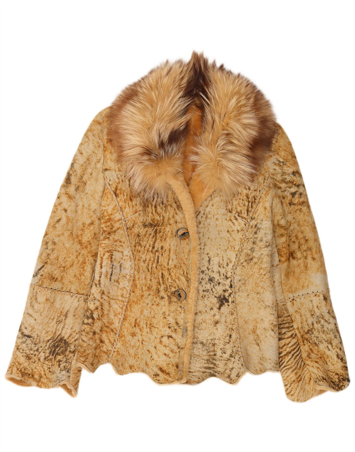 Vintage Dame Shearling Jacket UK 18 XL Beige Animal Print