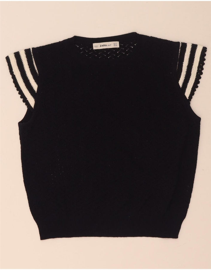Zara Womens Crop Knit Bluse Top UK 12 Medium Navy Blue Striped