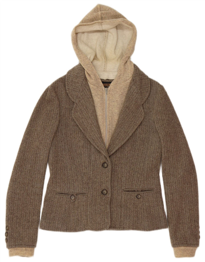 rig Dame 2-knaps hætteblazerjakke UK 12 Medium Brown Herringbone