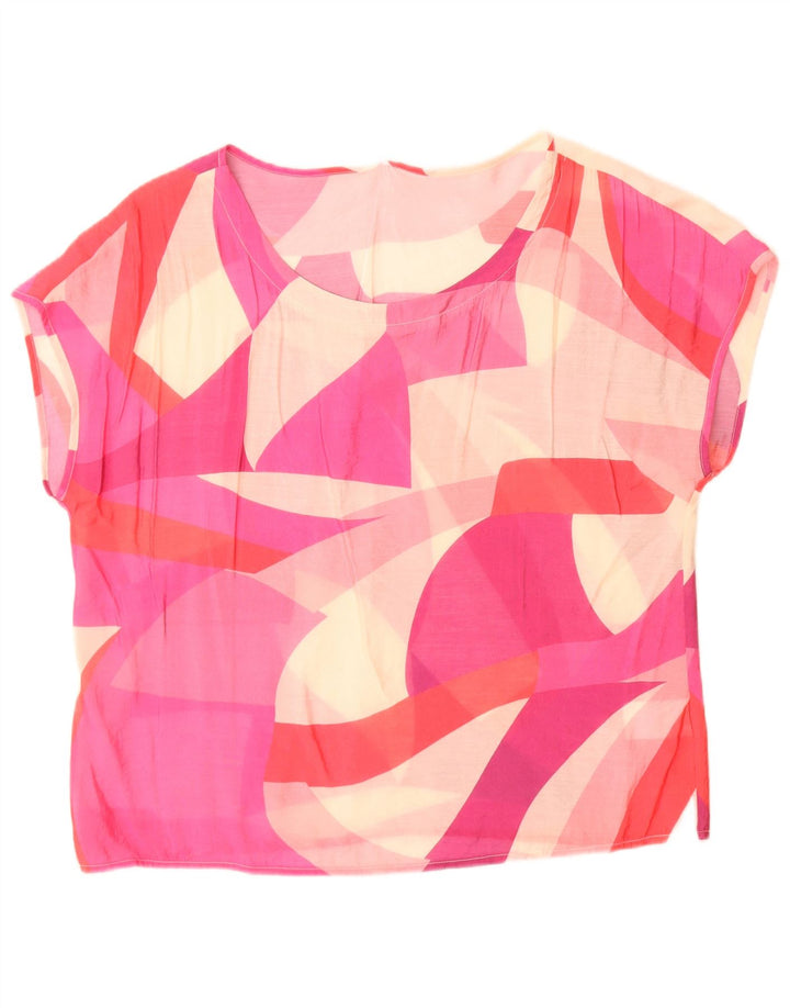 Vintage Dame Se Through Grafisk Bluse Top UK 14 Medium Pink Colourblock