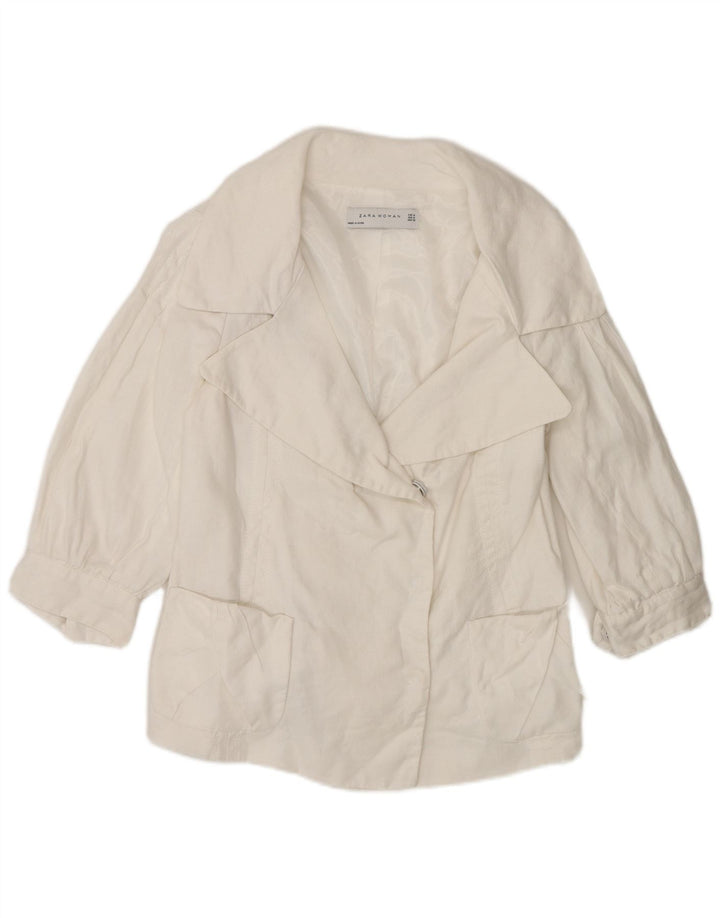 Zara Dame 3/4-ærmet blazerjakke UK 12 Medium White Ramie