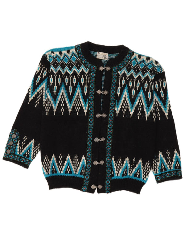 Vintage dame cardigan sweater UK 14 Medium Black Fair Isle Wool