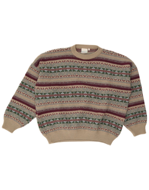 Vintage Womens Crew Neck Jumper Sweater UK 16 Large Beige Fair Isle