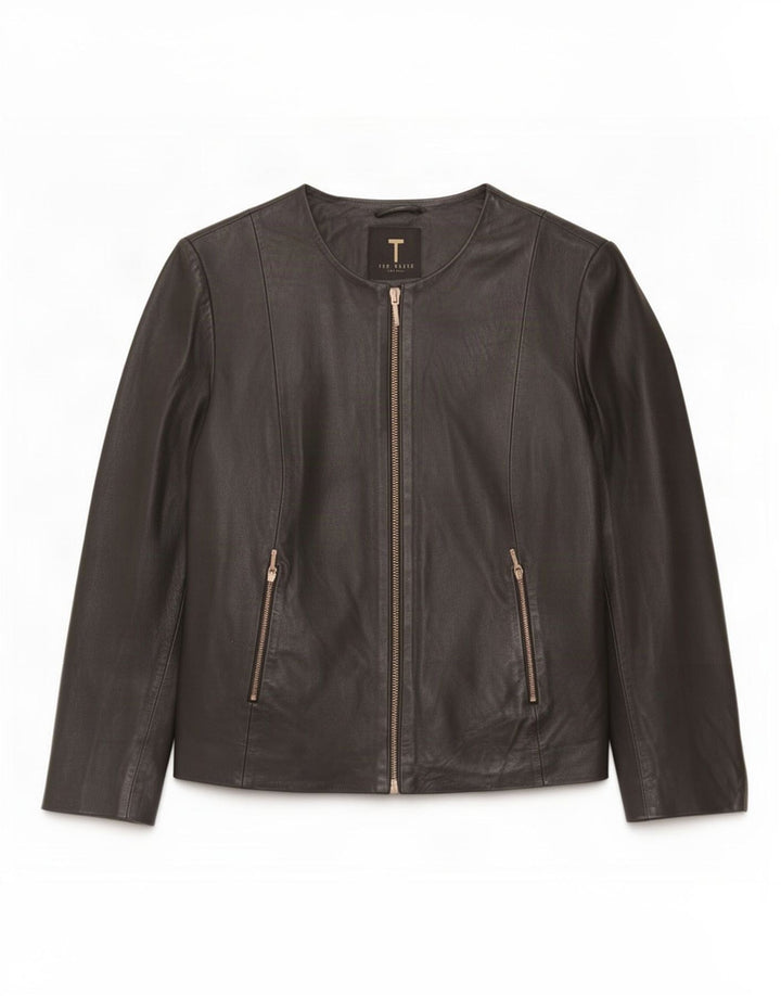Ted Baker Womens Crop 3/4-ærmet læderjakke Størrelse 3 Medium Sort