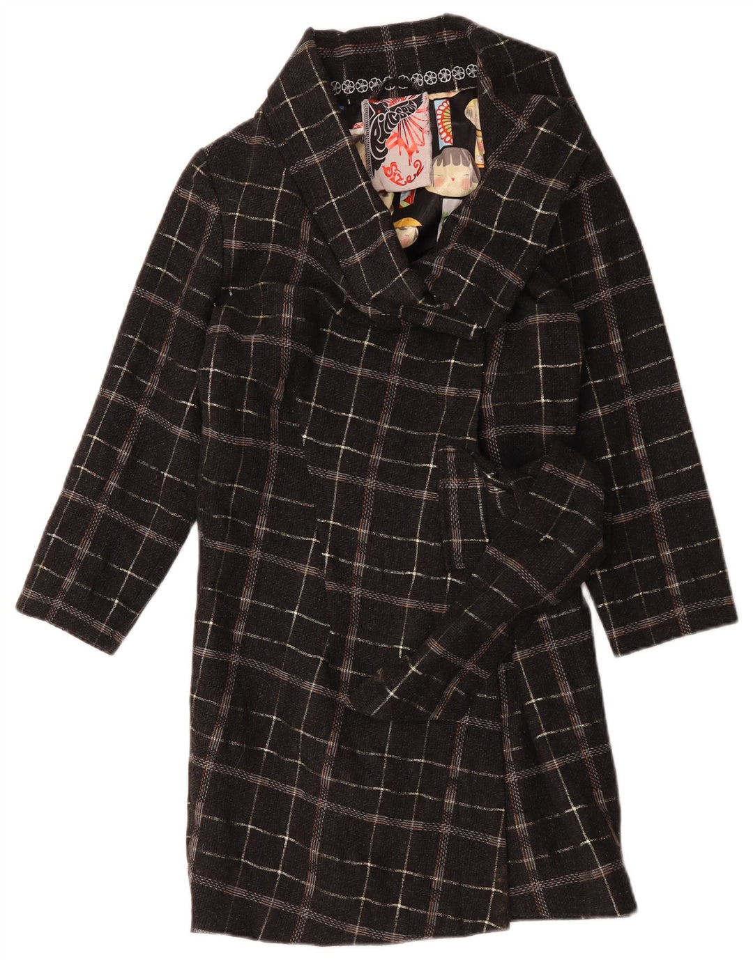 Vintage oversize overfrakke til kvinder US 2 XS sort ternet uld