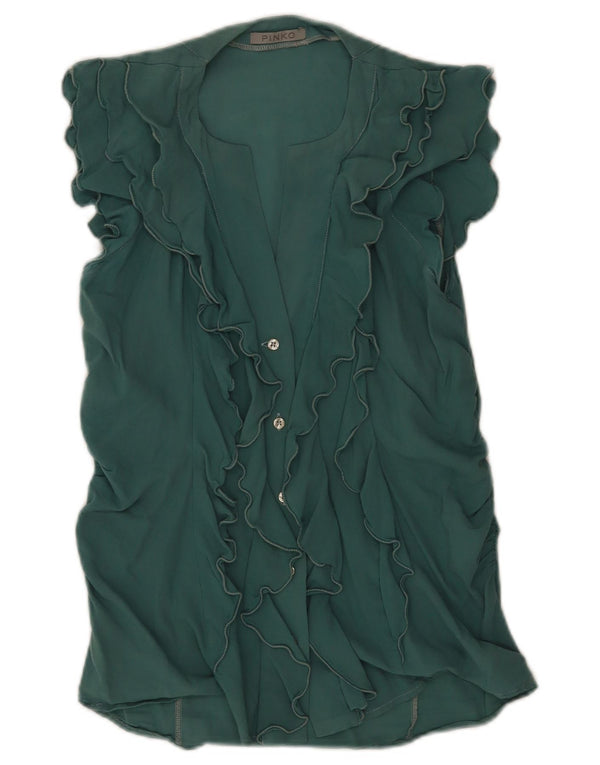 Pinko kvinders kortærmet flæse foran bluse UK 12 Medium Green